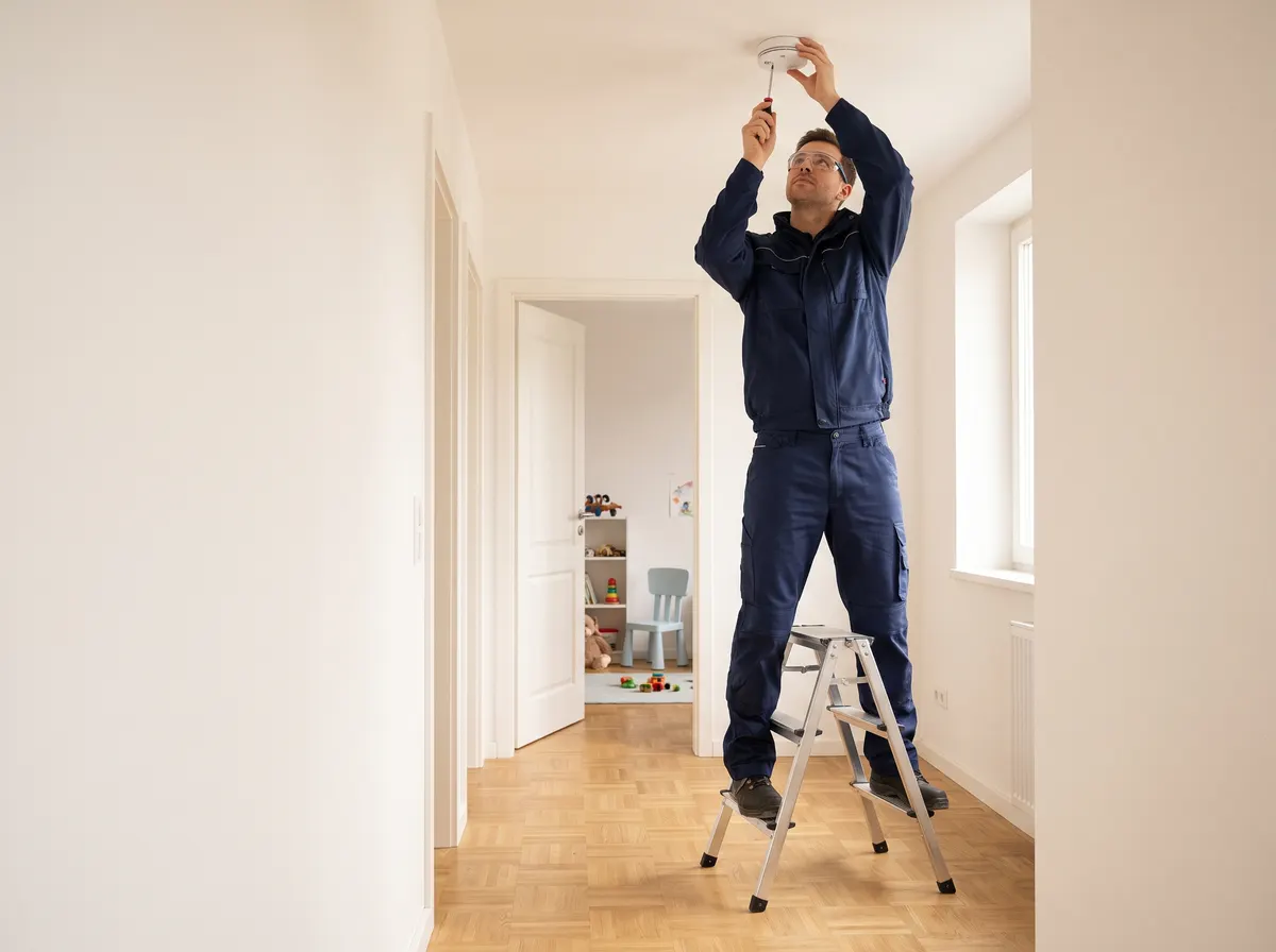 Montage eines Rauchwarnmelders an der Decke